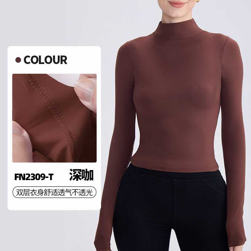 2025 otoño y invierno nuevo tipo de ropa de yoga para mujeres elástica suave de doble capa caliente de manga larga delgada camisa de base de cuello alto nube suave