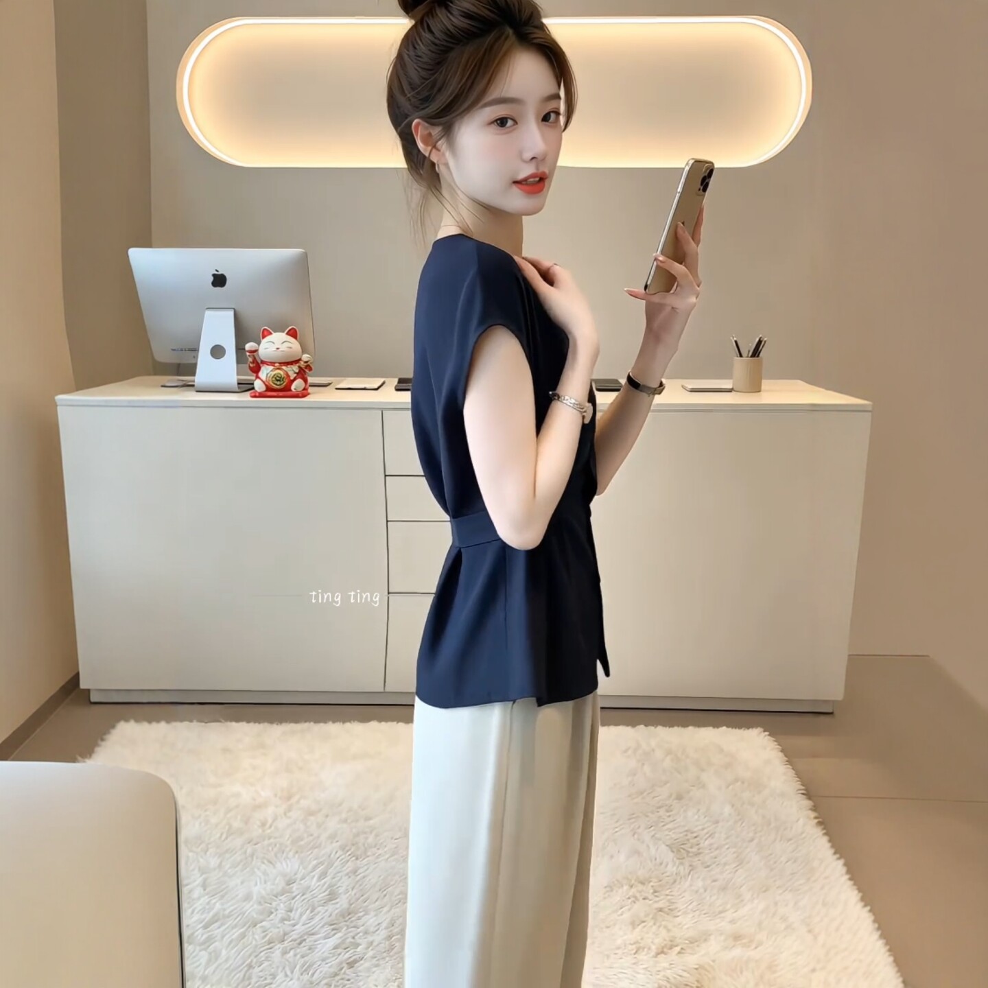 Áo sơ mi nữ linen tay ngắn thắt eo, kiểu dáng công sở mùa hè — Xanh lông mòng đen chi tiết 3