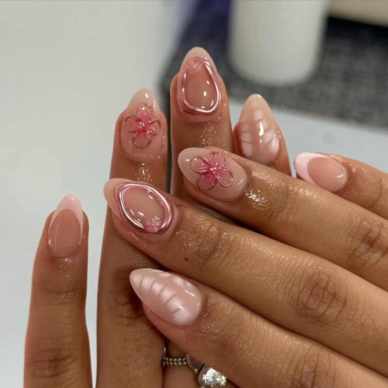 Short Almond-Shaped Manicure French Pink Wearable Nails Fake Nails 3D Flowers Export Cross-Border Nail Pieces Short Almond-Shaped Manicure French Pink Wearable Nails Fake Nails 3D Flowers Export Cross-Border Nail Pieces