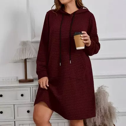 跨境欧美2025大码女装秋冬季纯色连帽带抽绳长袖连衣裙