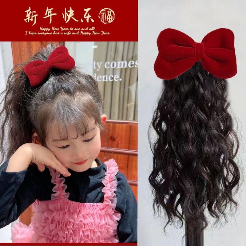 New Year Children's Detachable Velvet Bow Curly Hair Wig, Stylish and Cute Little Princess High-Fashion Ponytail New Year Children's Detachable Velvet Bow Curly Hair Wig, Stylish and Cute Little Princess High-Fashion Ponytail