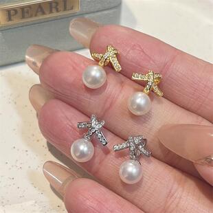 Zhizhen jewelry wholesale S925 full-body sterling silver bow pearl earrings small fragrance temperament Zhuji pearl strength