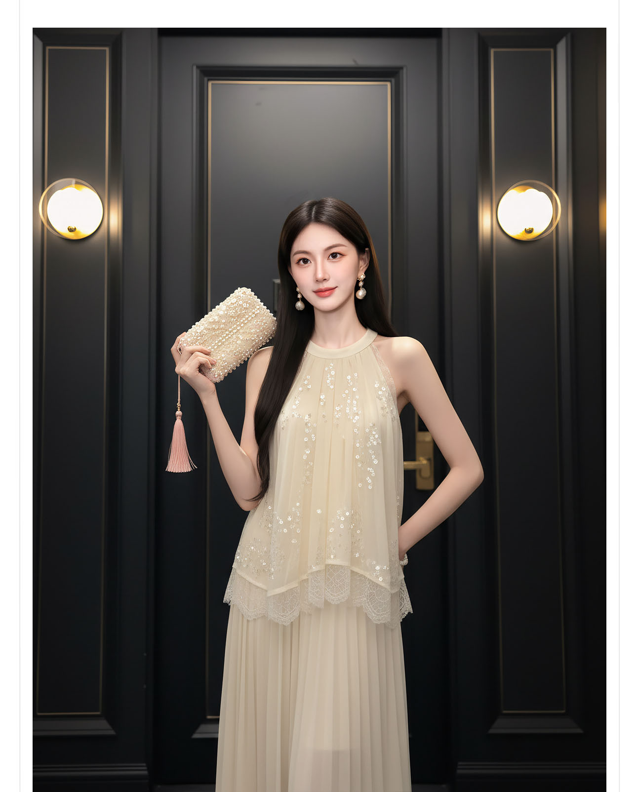 Áo croptop nữ tay ngắn cổ yếm xếp ly đính sequin phối bộ — bộ đồ, nửa váy, Gạo trắng Top chi tiết 4