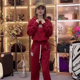 欧货时尚运动休闲套装女秋冬新款洋气减龄红色卫衣束脚裤两件套潮