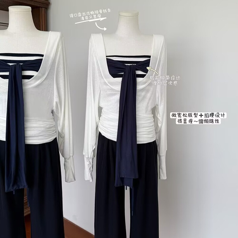 [Rayon + Colored Strips] Pure Lust Style White U-Neck Waist Long-Sleeved T-Shirt Women's Top Two-Piece White Outerwear