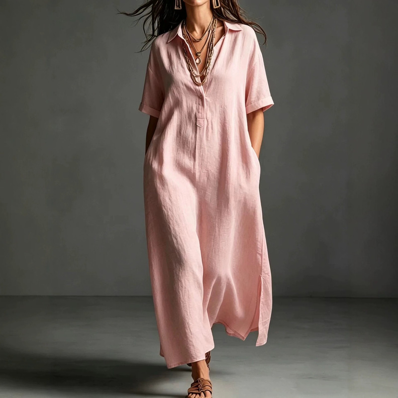 2026 Amazon European and American Cross-Border Women's Clothing Spring and Summer New Cotton and Linen Simple and Elegant Pure Color Short-Sleeved Lapel Dress