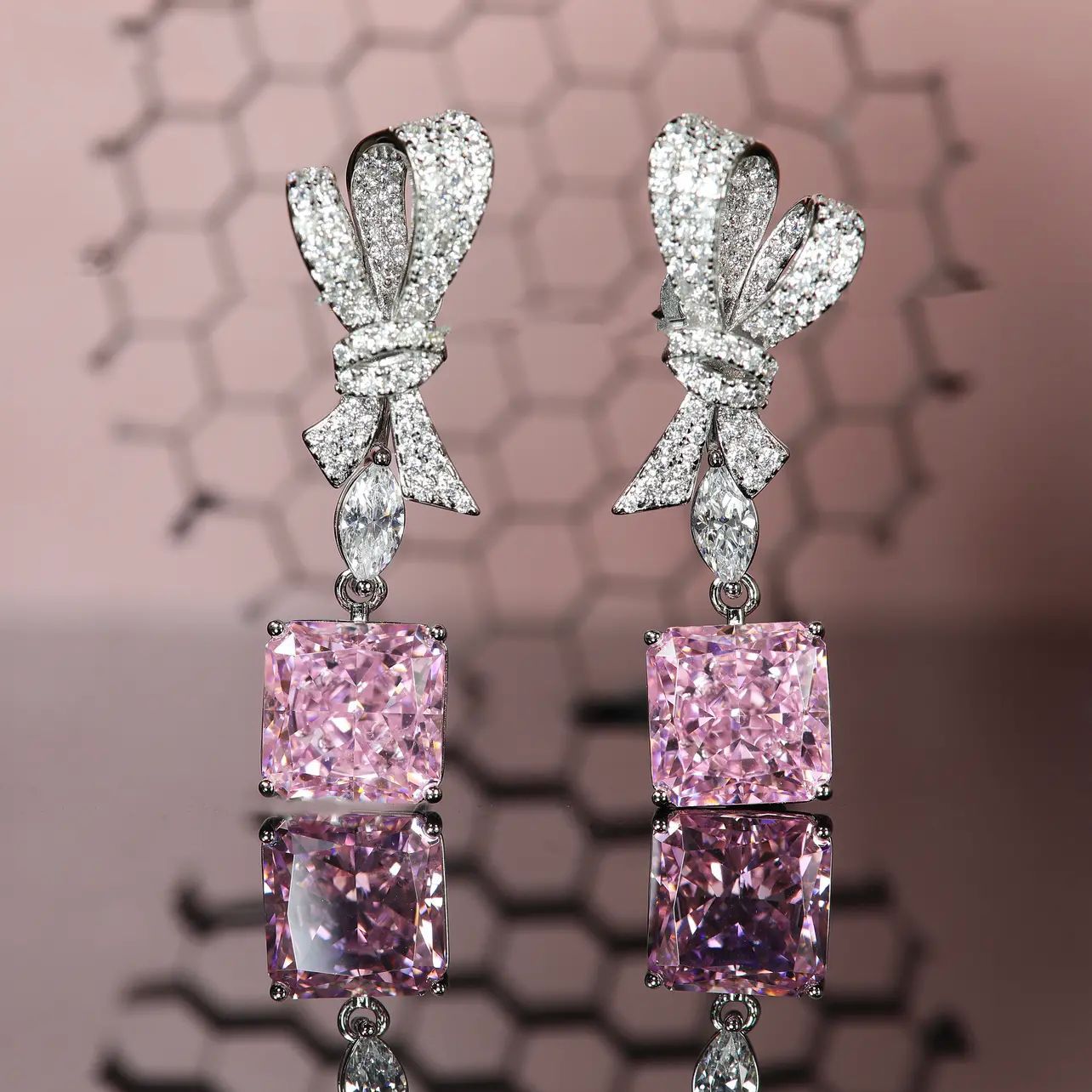 Fashion Pink Yellow Diamond Pendant Full Diamond Bow Copper Earrings display picture 2