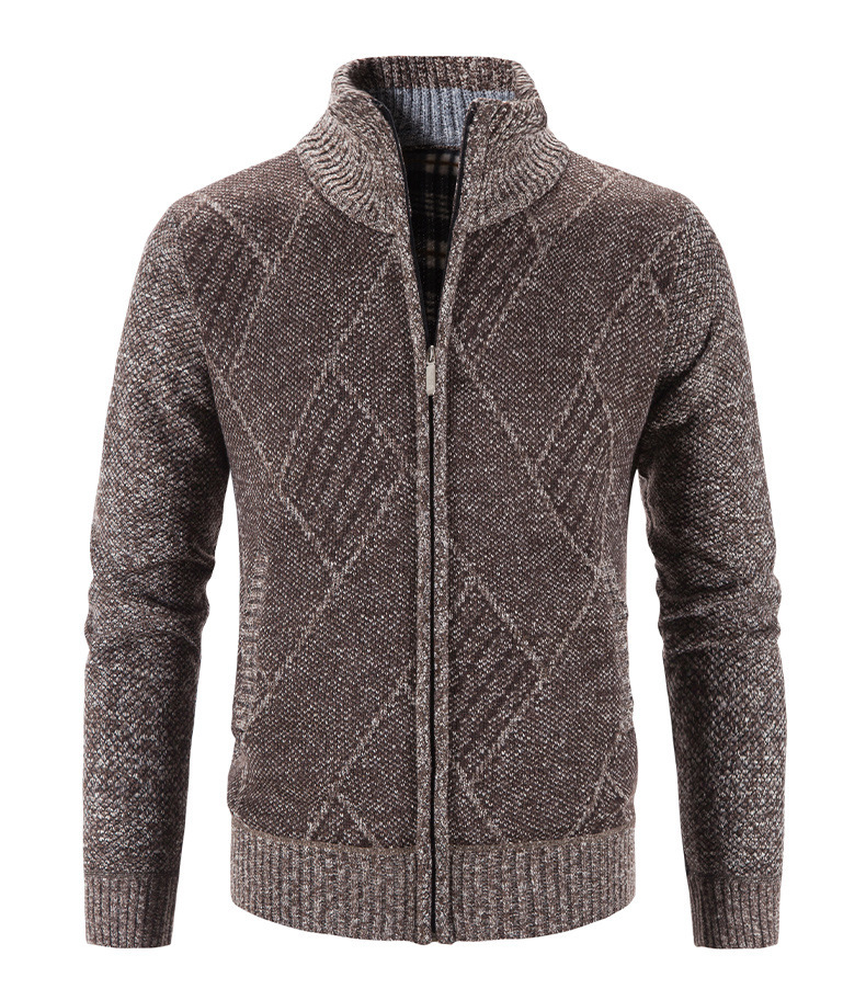 Cárdigan de punto para hombre para otoño e invierno, suéter para hombres de mediana edad y mayores, cuello alto informal, suéter jacquard de manga larga para hombre.