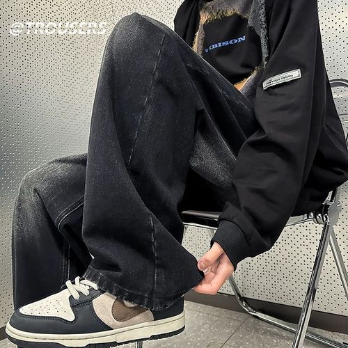 Vintage Blue Men's Loose Distressed Oversize Pants American Casual Flowy Wide Leg Floor-Length Pants Trendy