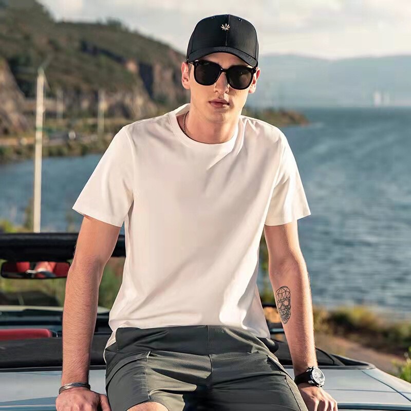 Cool feeling Ice Silk Cotton men's short-sleeved T-shirt summer white half-sleeved inner wear men's solid color mercerized T-shirt bottoming shirt