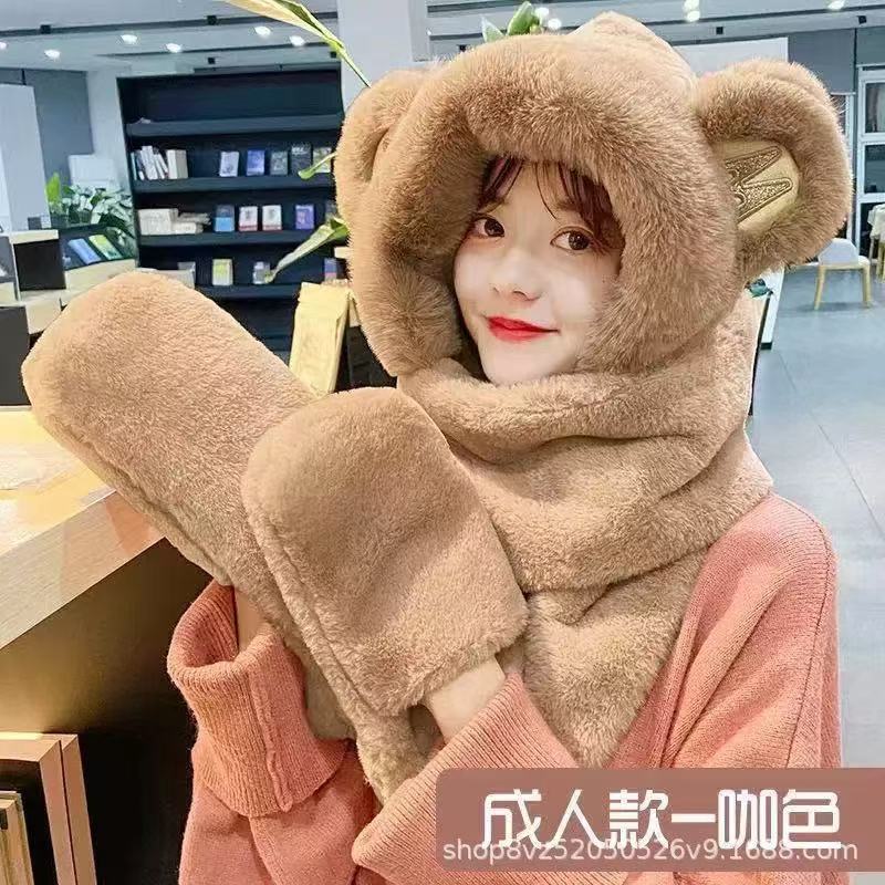 2025可爱卡皮巴拉帽子围巾一体三件套女秋冬毛绒护耳帽水豚保暖防|undefined