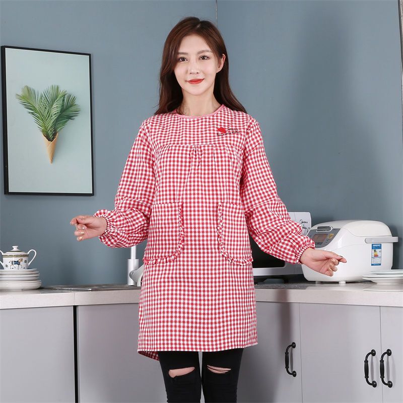 Apron for Women, Long-Sleeved, Polyester-Cotton, for Kitchen Cooking and Work, Men's Reverse-Wear Anti-Stain Cute Korean Fashion Protective Coverall