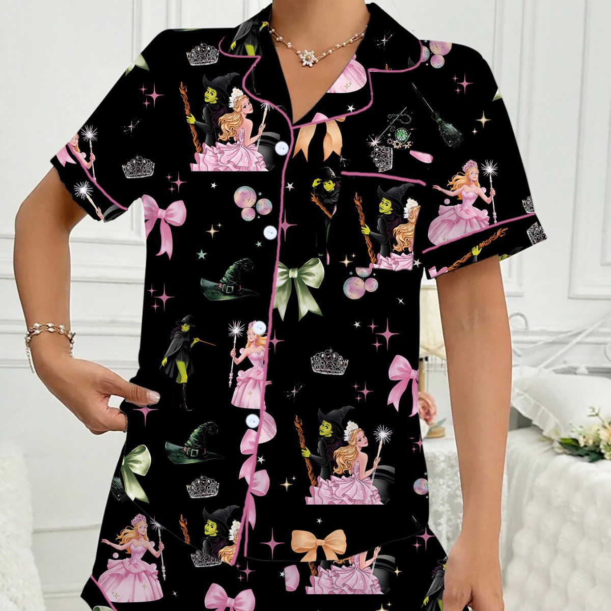 Women's Princess & Witch Print Pj Set – Soft Milk Silk Short Sleeve Loungewear With Collar (Black, S-Xl) | Sleepwear & Homewear_voghion.com