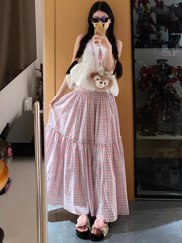 粉色格子半身裙女夏季薄2025新款高腰遮胯显瘦小个子a字蛋糕伞裙|undefined