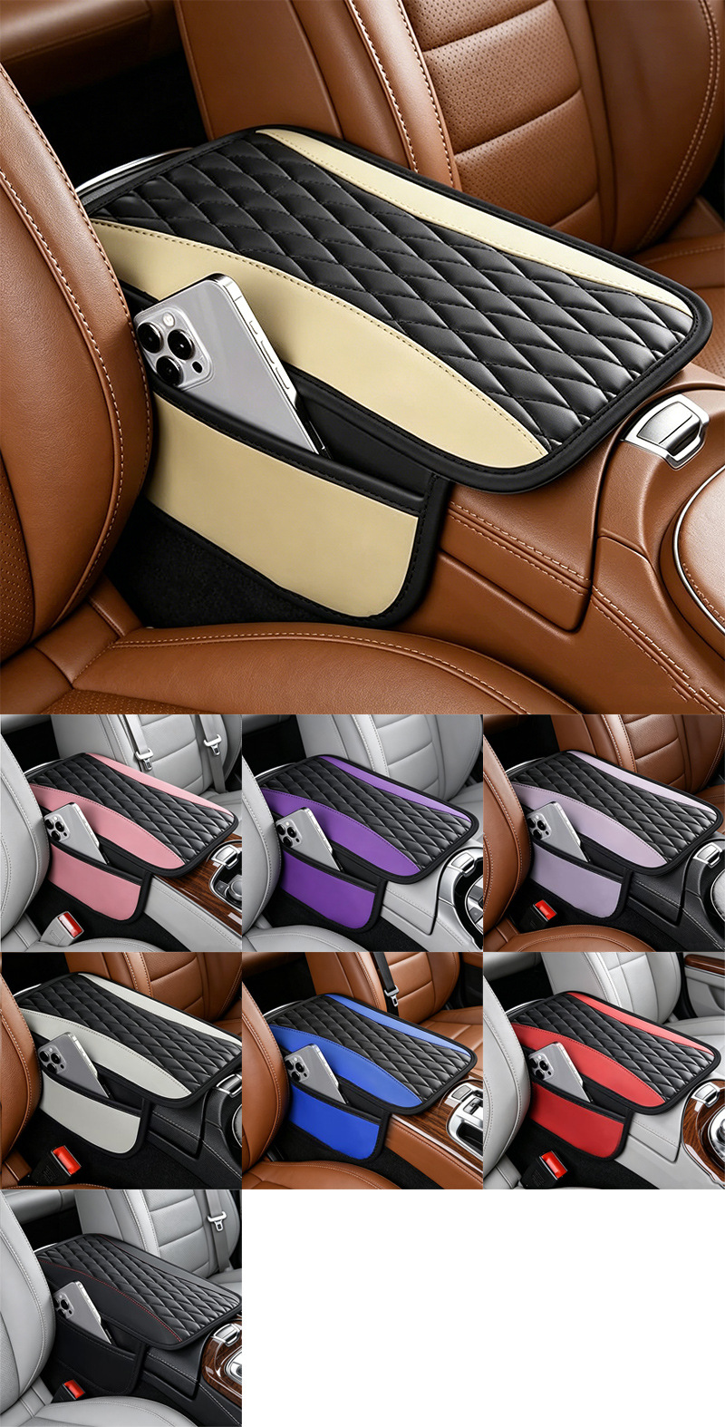 Armrest Box Cushion with Diamond-Shaped Double-Stitched Pattern, Universal Type, High-End Car Central Armrest Box Pillow Protective Cover