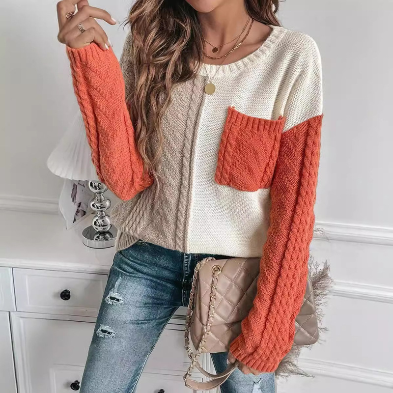Amazon New Sweater European and American Women's Casual Stitching Pocket Pullover Sweater Top Women's Sweater