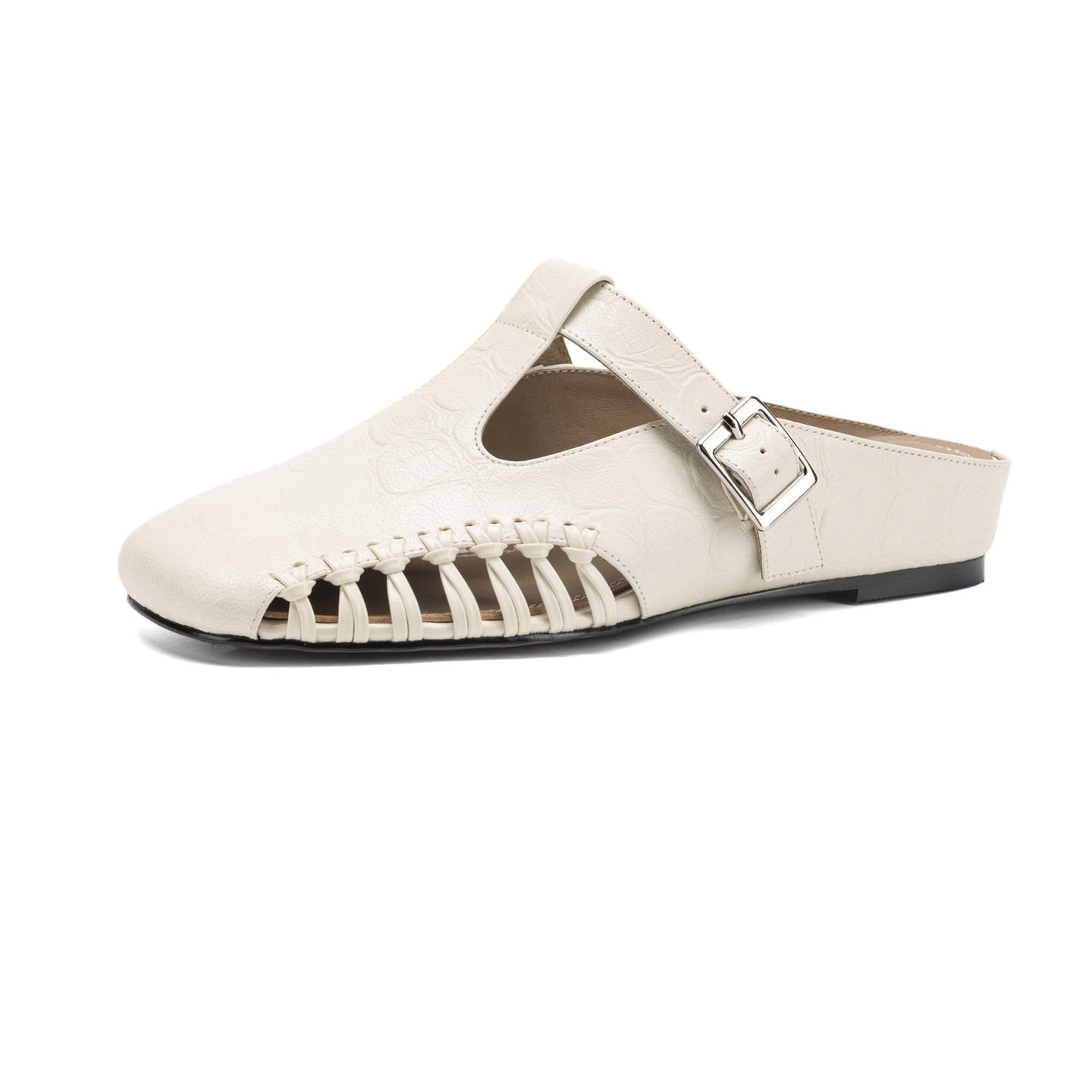 Dép nữ quai chữ T mũi nhọn kiểu vintage, đế bệt, size 34–41 — đen