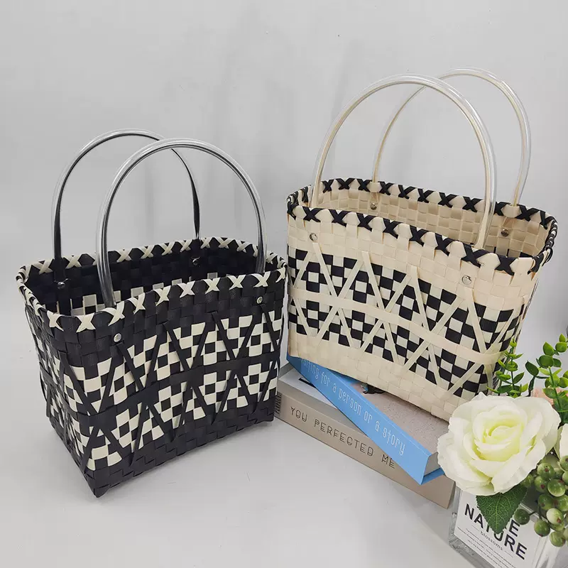 厂家手工编织黑白格慈善购物篮大容量菜篮子沙滩包编织篮手提包包