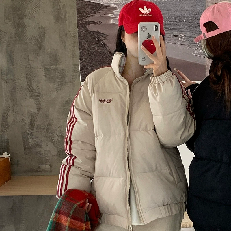 2024 зимний прилив дизайн бренда Чувство американского полосатого хлопчатобумажной одежды новый свободный дикий утолщение теплой хлебной одежды