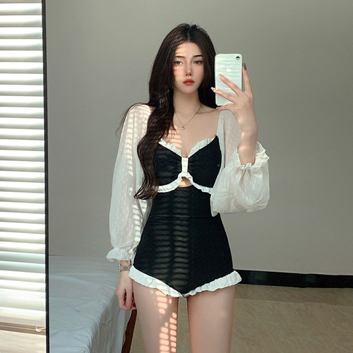 2024 new one-piece swimsuit women's long-sleeved sunscreen super fairy ins Korean sexy solid color pure desire hot spring swimsuit