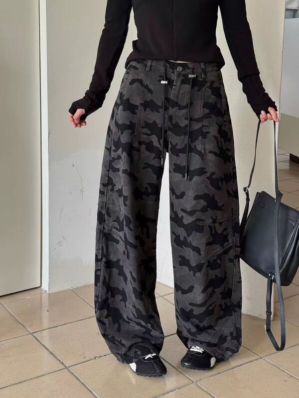 梵思羽美式迷彩工装牛仔裤女秋季街头大码垂感百搭宽松阔腿裤子潮|undefined