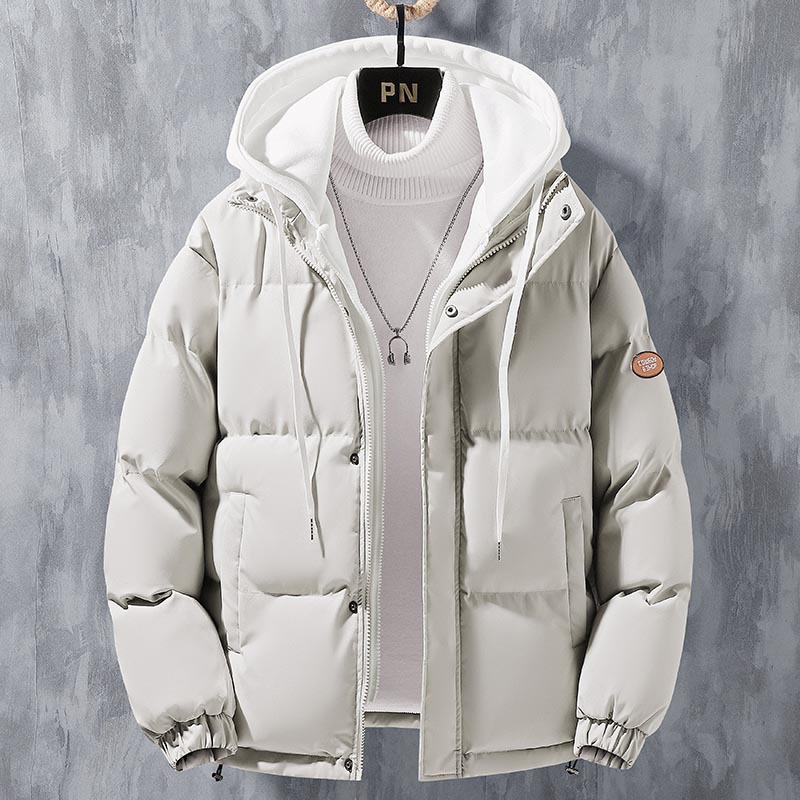 Chaqueta acolchada falsa de dos piezas para hombres, chaqueta acolchada gruesa y cálida en invierno, chaqueta acolchada de pan con capucha de gran tamaño suelta