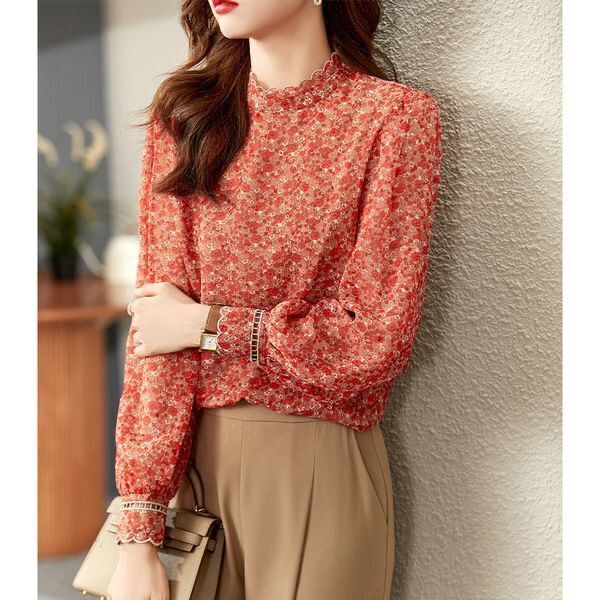 Vintage Floral Chiffon Blouse 2025 Autumn/Winter Top Workplace Shirt Lace Stand Collar European Style Fashionable Blouse
