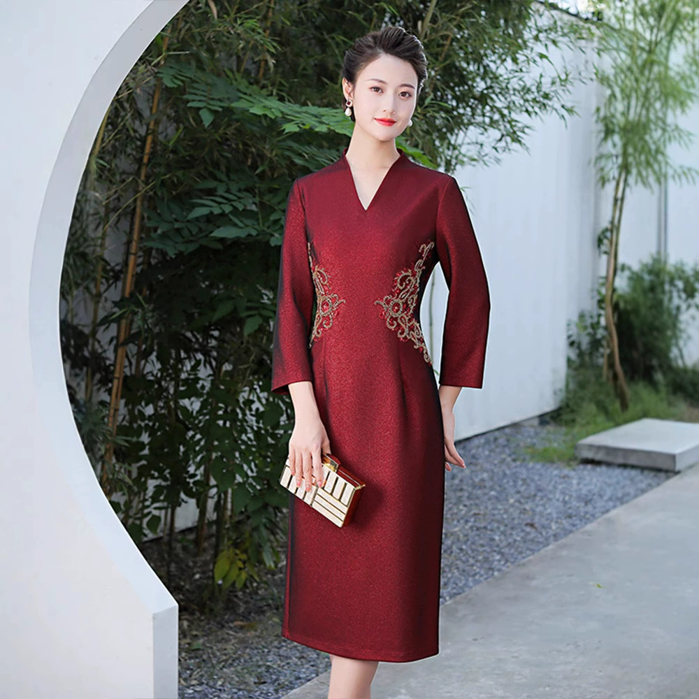 Новое весеннее свадебное банкетное платье Cheongsam средней длины, элегантное платье, цельное платье Cheongsam из композитного материала для женщин среднего и пожилого возраста, Прямая поставка