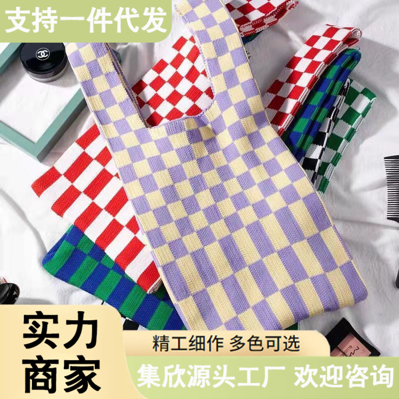 2021 Tablero de chessboard transfronterizo japonés y coreano Bolso de hombro de punto de color de contraste a cuadros Bolso tejido Bolso de hombro para las mujeres