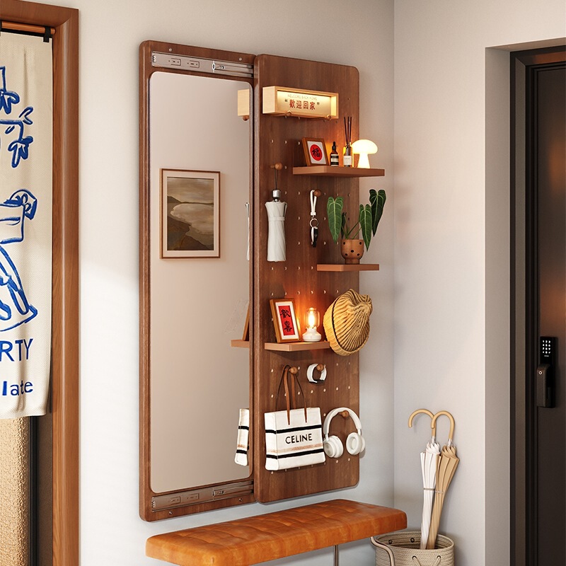 Pegboard Dressing Mirror Integrated with Hidden Sliding Full-Length Mirror, Can Be Closed, Wall-Mounted, for Entryway or Hallway Fitting Mirror