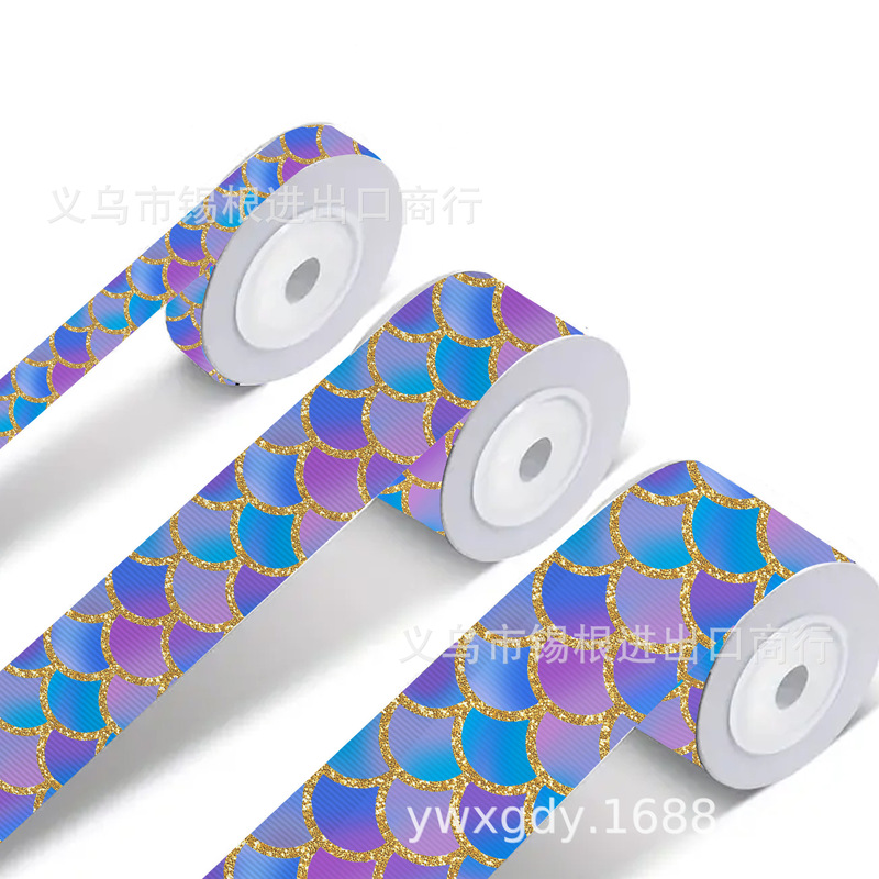 5 Yards/Roll Multi-Size Purple Fish Scale Pattern Digital Printed Ribbed DIY Bow Hairpin, 1Yc60556