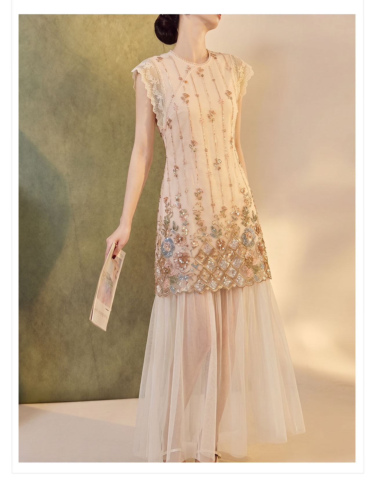 Váy dài ren hai lớp tay áo lưới đính sequin thêu giả — Hồng Hạnh chi tiết 13