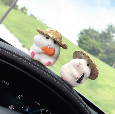 Accessories Cute Mouse Doll | Car ornaments - straw-hat-gray-hamster-melon-seeds-carrot