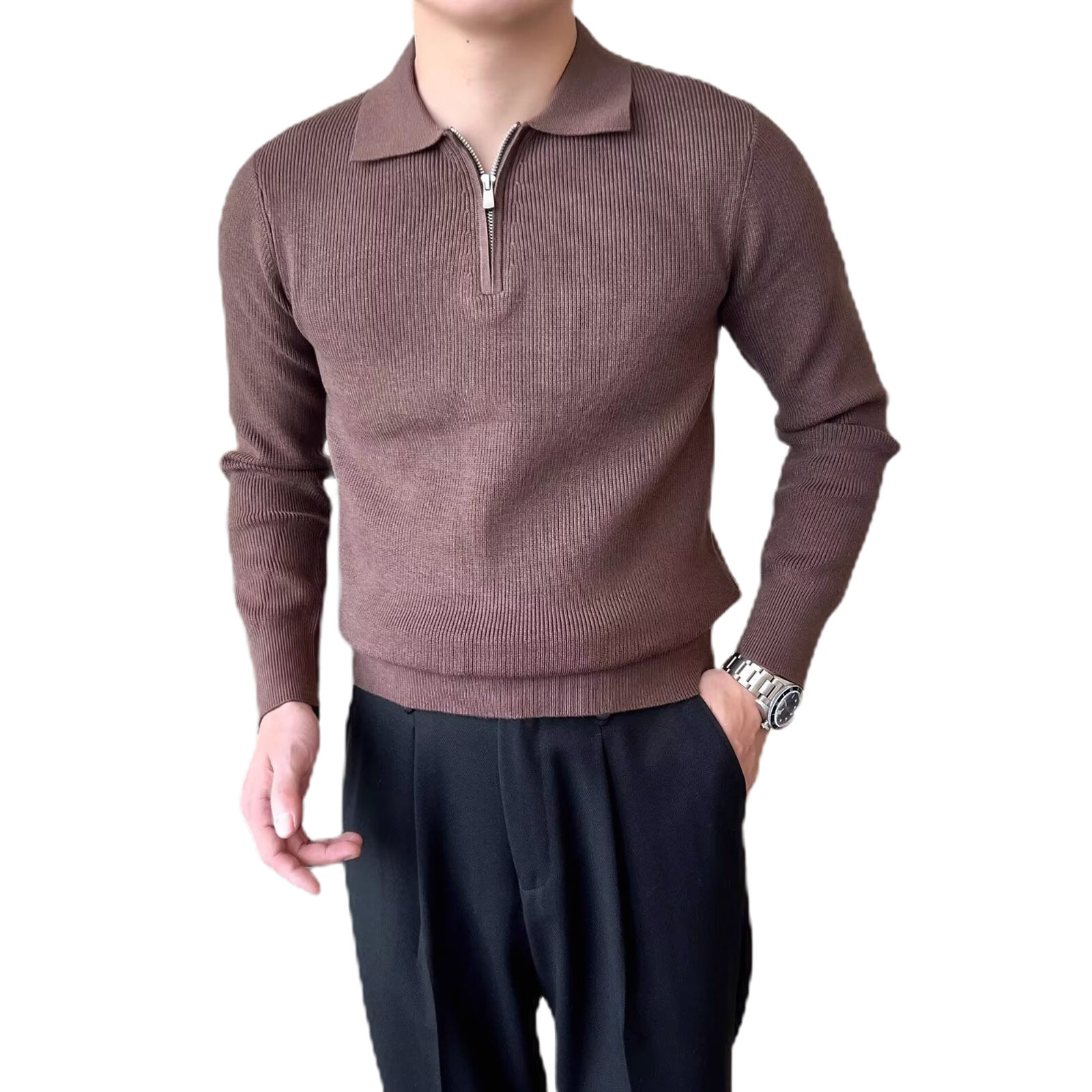 Explosiones transfronterizas de tamaño grande europeo polo camiseta con solapa camiseta de punto suéter hombre medio cremallera vieja fábrica de qianfengqiu mayorista