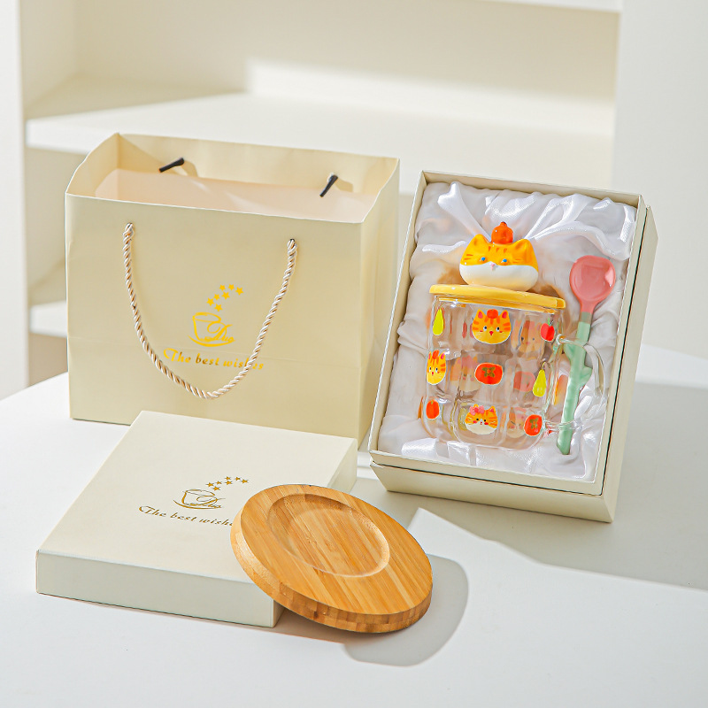 Gato estereoscópico pintado a mano alta resistencia al calor de vidrio de silicio de alta calidad de oficina con cubierta de cuchara de agua taza de dibujos animados taza de marca