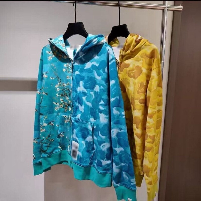 Japanese-Style Camouflage Ape Shark Jacket Van Gogh Sunflower Pattern Hooded Sweatshirt Unisex Embroidered Zip-Up Cardigan