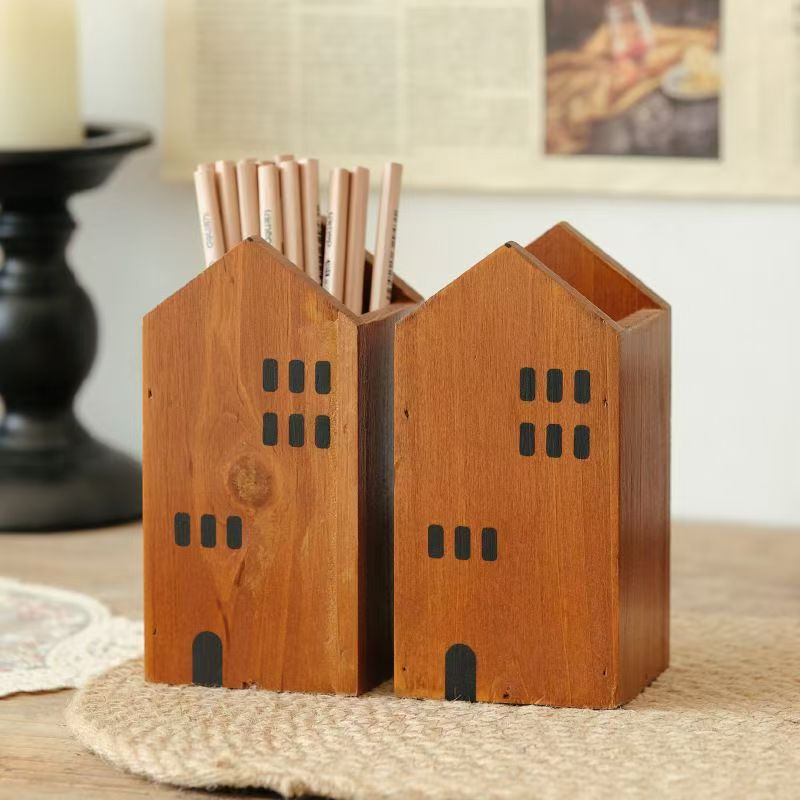 Casa de madera modelada lápiz de escritorio cepillo de maquillaje almacena lápiz cepillo papelería lápiz cepillo cartucho decoración ornamentos