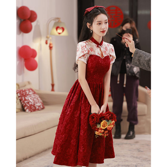 Toast Dress Bride's High-end Sense Red Wedding Door-back-to-door casual dress for small Chinese cheongsam dress for women's summer engagement