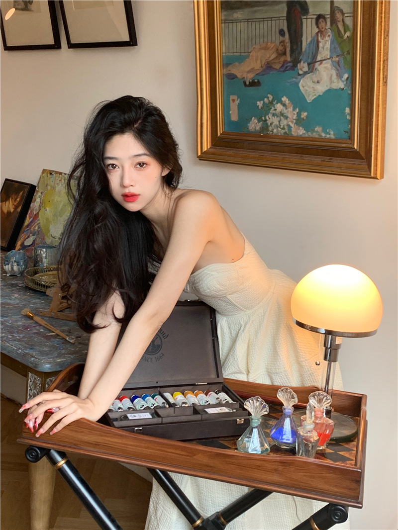 프랑스 스타일 우아한 끈이없는 원피스 여성 여름 해변 휴가 화이트 타이트 허리 A 라인 스커트 롱 스커트