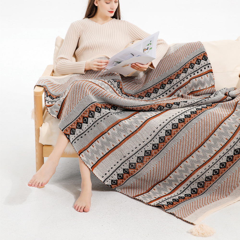 Bohemian style sofa throw blanket bay window blanket knitted blanket ethnic style wave air conditioning blanket tassel nap blanket
