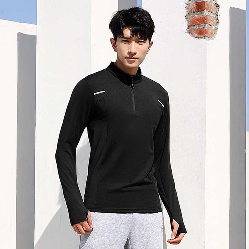 Spring and autumn men's outdoor sports mountaineering hiking stand-up collar half-zip quick-drying breathable moisture-absorbing high-elastic long-sleeved T-shirt A