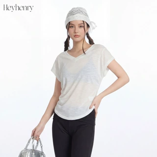 HeyHenry 高级感夏季修身舒适棉麻短袖T恤女V领修身显瘦正肩上衣