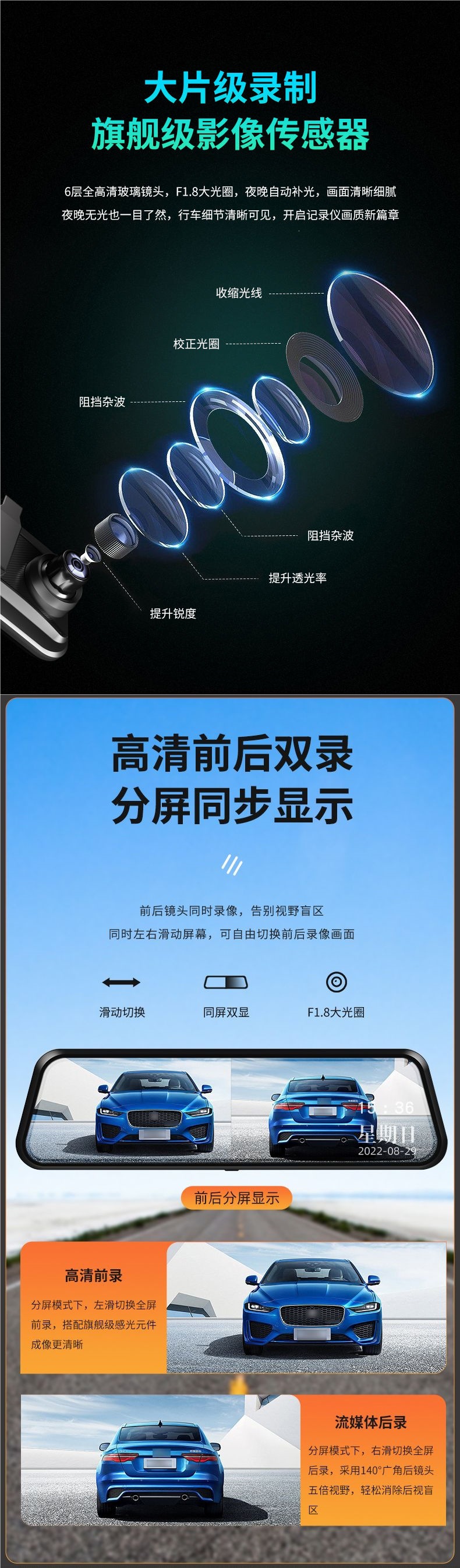 2026 New Model Car Dash Cam with Reverse Camera, Streaming Media Rearview Mirror, Ultra-High-Definition Dual Front and Rear 4K Cameras
