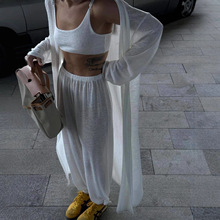 2025欧美慵懒风透视宽松加长开衫加短半身裙套装女束脚长裤两件套