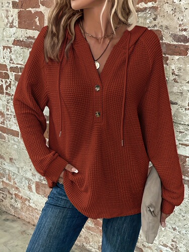 Women's Elegant Long Sleeve Button Embellished Waffle Knit