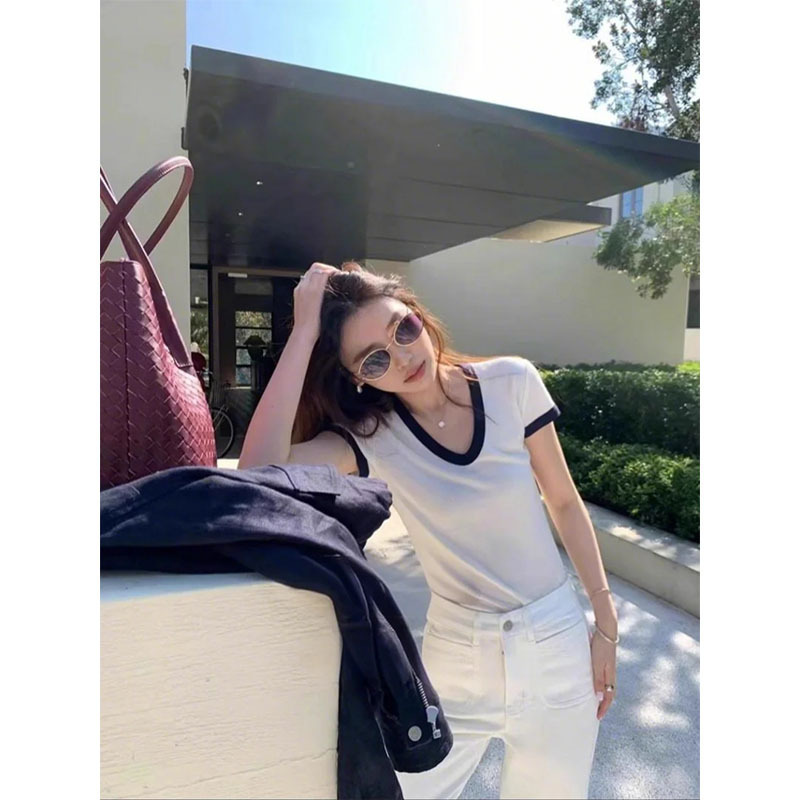 Shenzhen 2025 New Nanyou Women's European Designer Style Simple Retro Contrasting Color V Neck Top Short-Sleeved T-Shirt for Women