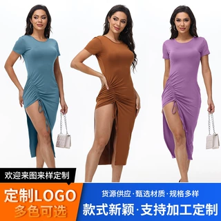 亚马逊独立站欧美春秋女新款纯色抽绳多色短袖圆领性感修身连衣裙
