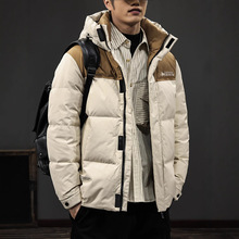 冬季新款美式拼色百搭连帽羽绒服男90鸭绒面包服宽松大码休闲外套
