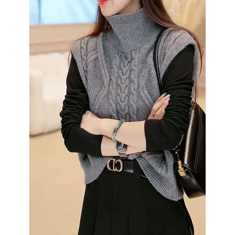 Turtleneck Twist Sweater Vest Women's 2024 Autumn and Winter New Coat Commuter Lazy Style Stacked Knitted Vest Top Turtleneck Twist Sweater Vest Women's 2024 Autumn and Winter New Coat Commuter Lazy Style Stacked Knitted Vest Top