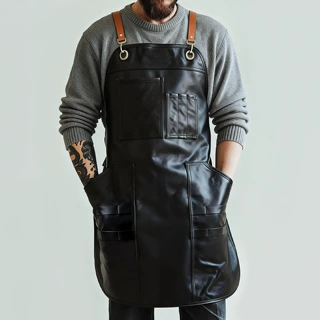 围裙皮革男女咖啡师理发师西餐厅工作服多口袋定制印LOGO黑色